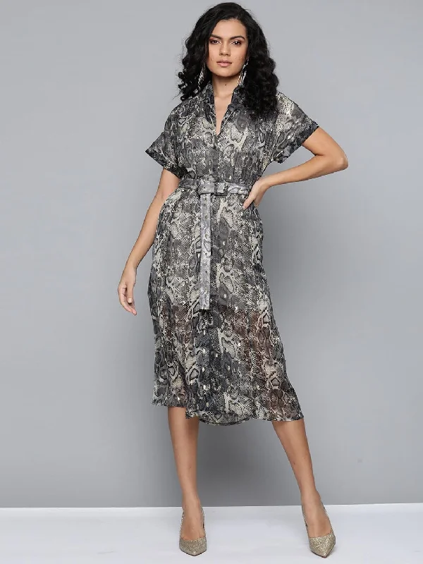 Grey Animal Lurex Print Front Open Midi Dress Stylish Animal Print Midi Dress