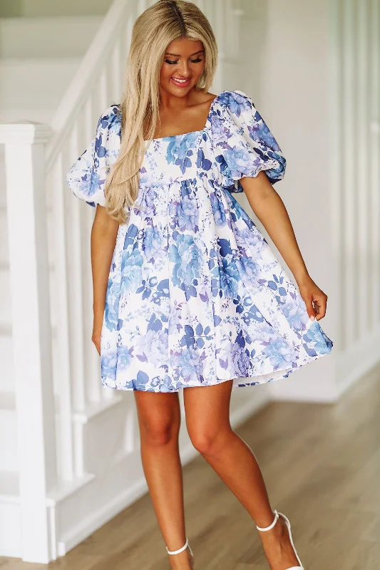 In the Air Floral Mini Dress - Blue and White Chic Mini Dress with V-Neck