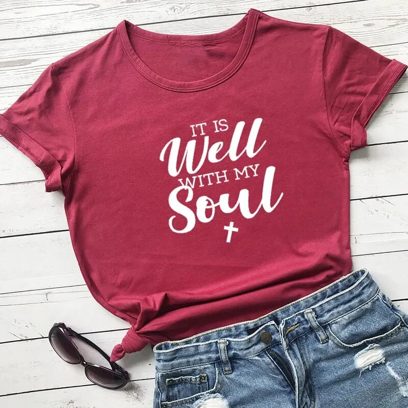 Women's It Is Well With My Soul Cotton Christian Short Sleeve Tee Shirt Comfortable Ribbed Short Sleeve