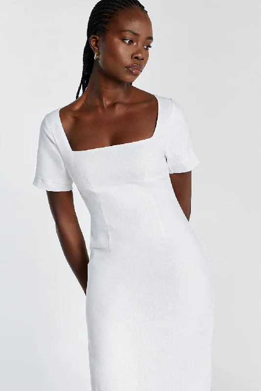 JAMIE WHITE LINEN MIDI DRESS Trendy Tiered Hem Midi Dress