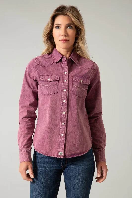 Kimes Ranch Womens Kaycee Denim Wine 100% Cotton L/S Shirt Stylish Crew Neck Shirt