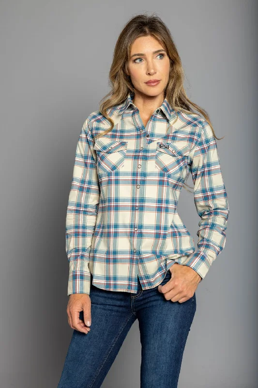 Kimes Ranch Womens Stroker Plaid Dark Blue Cotton Blend L/S Shirt Casual Boxy Short Shirt