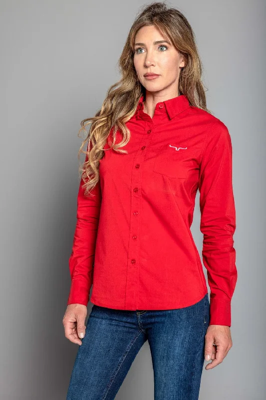 Kimes Ranch Womens Team Shirt Long Red Cotton Blend L/S Shirt Chic Embellished Short Sleeve