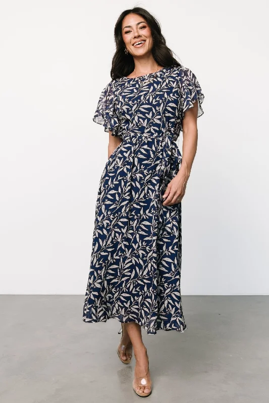 Laurel Midi Dress | Blue + Gray Floral Cozy Midi Dress with Pockets