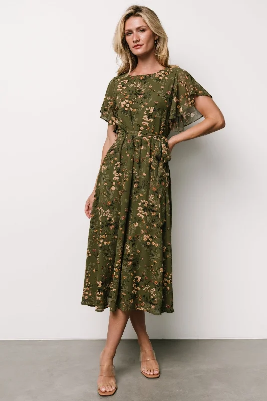 Laurel Midi Dress | Olive Floral Trendy Knit Midi Dress