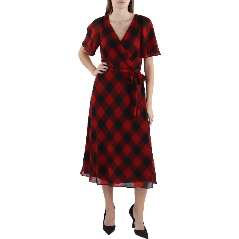 Lauren Ralph Lauren Womens Checkered Midi Dress Trendy Mock Neck Midi Dress