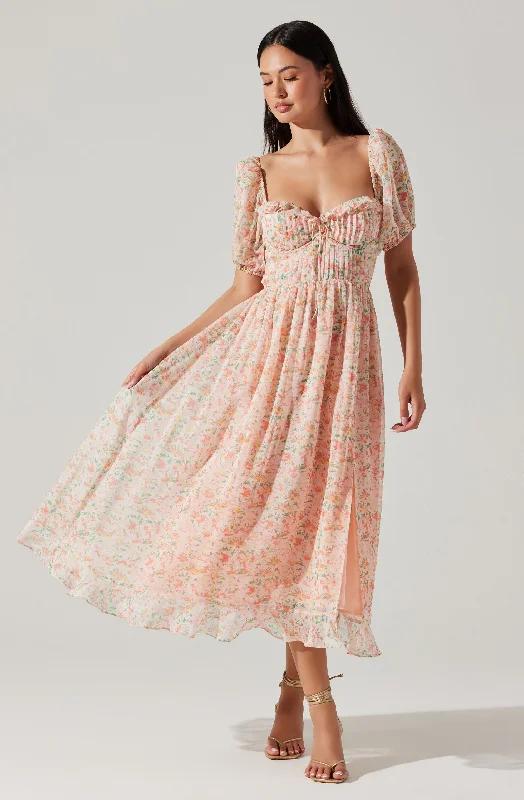 Lunaria Pleated Floral Midi Dress Trendy Off-Shoulder Button Midi Dress