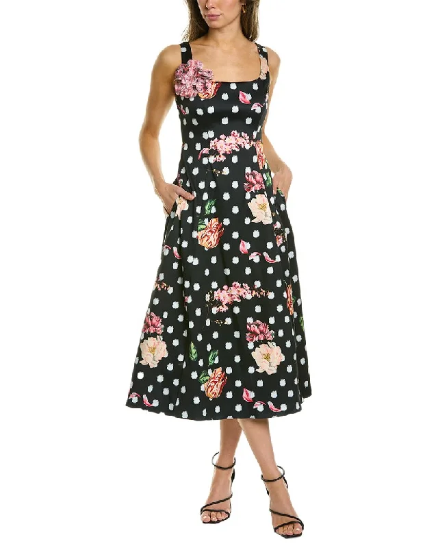 Marchesa Notte Floral Midi Dress Elegant Pleated Sleeve Midi Dress