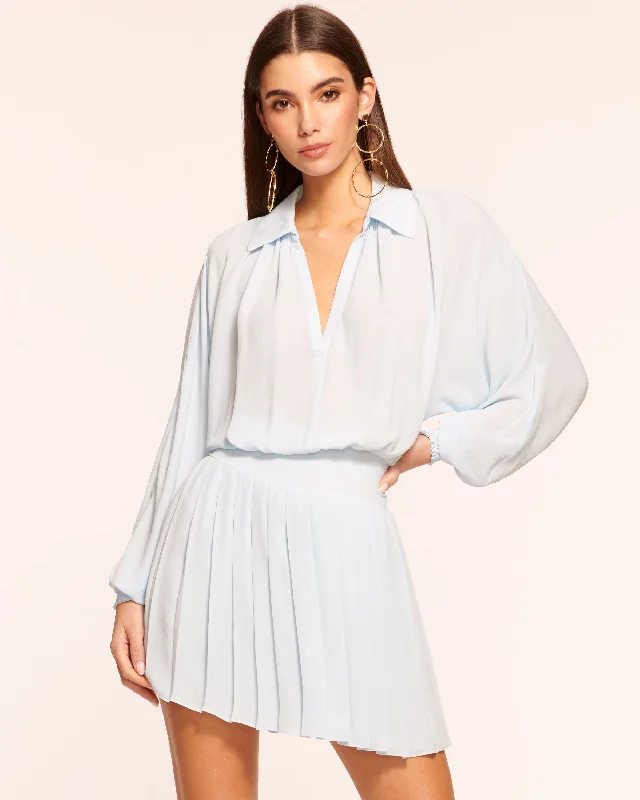 Marina Long Sleeve Pleated Mini Dress Cozy A-Line Mini Dress