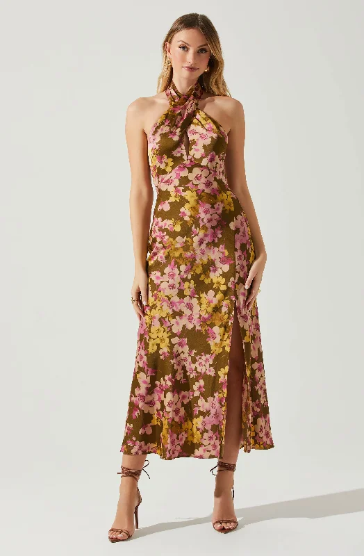 Marissa Satin Halter Neck Floral Midi Dress Stylish Off-Shoulder Ruffle Dress