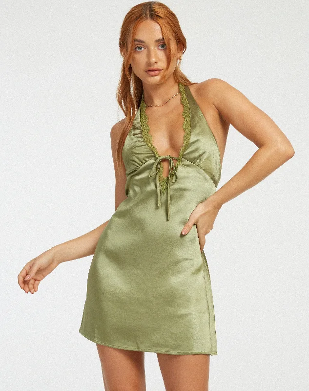 Maruko Mini Dress in Satin Olive Comfortable One-Shoulder Mini Dress