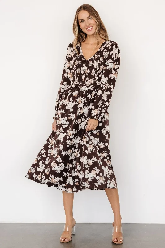 Matilda Smocked Midi Dress | Brown Floral Stylish Silk Midi Dress