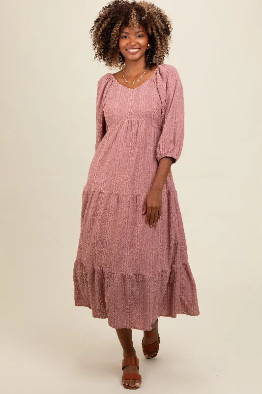 Mauve Embroidered Tiered Midi Dress Stylish Button-Down Midi Dress