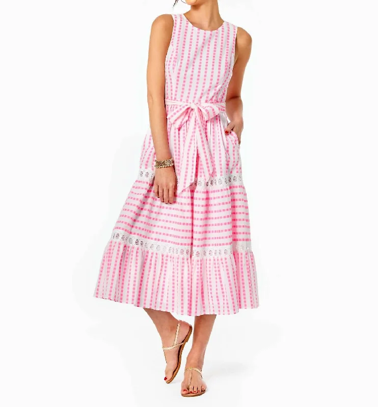 Maybella Tiered Midi Dress in Gingham Stripe Jacquard Comfortable Empire Waist Midi Dress