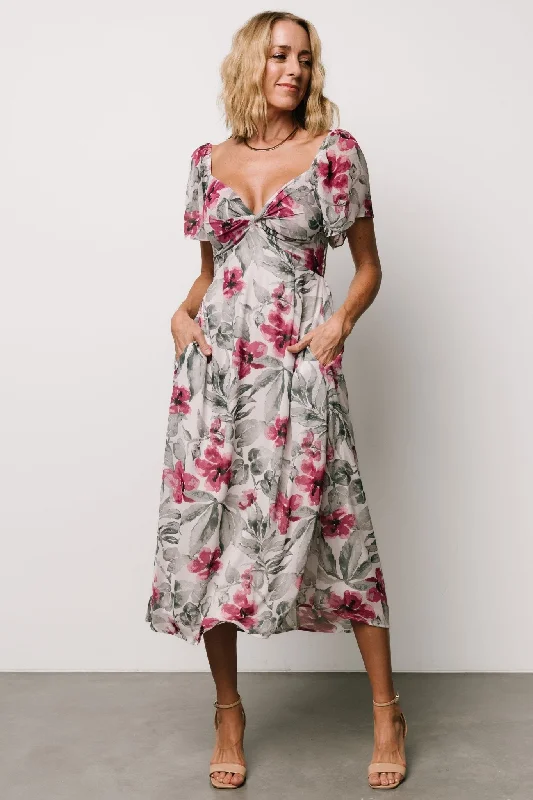 Melinda Midi Dress | Pink Floral Stylish Wraparound Midi Dress