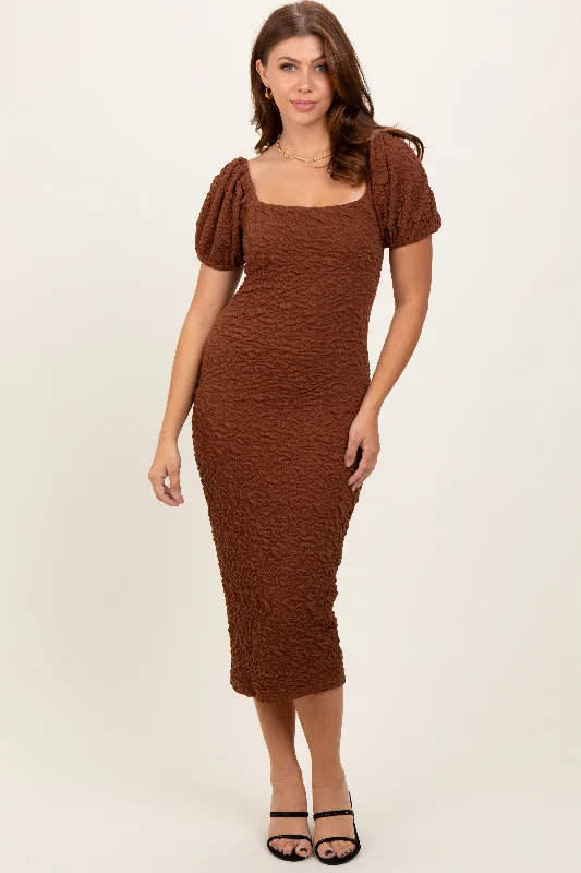 Mocha Textured Square Neck Puff Sleeve Midi Dress Fashionable Chiffon Midi Dress