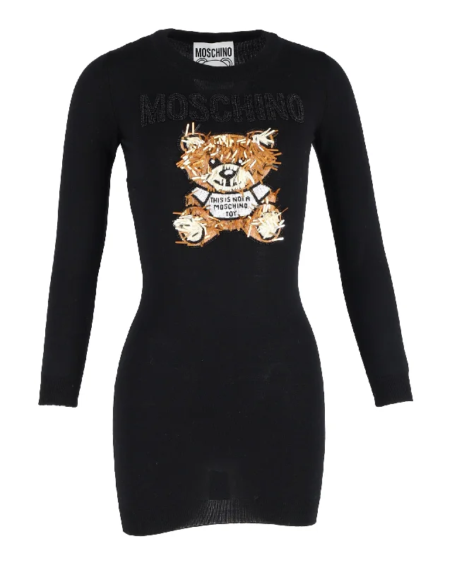 Moschino Embellished Bear Mini Dress in Black Wool Stylish Summer Mini Dress