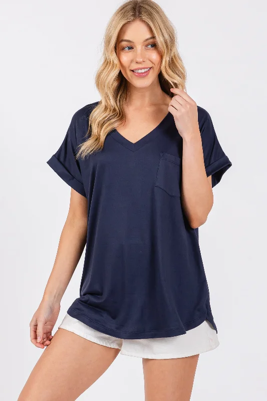 Navy V-Neck Pocket Short Sleeve Shirt Casual Short Sleeve Top