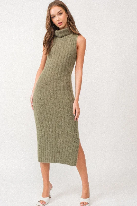 Olive Fuzzy Knit Sleeveless Turtle Neck Midi Dress Cozy Midi Dress with Pockets