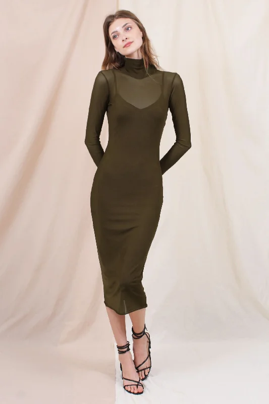 Olive Mesh Overlay Fitted Midi Dress Elegant Satin Midi Dress