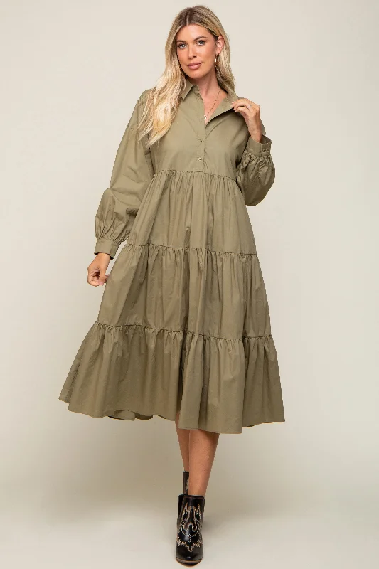 Olive Tiered Button Down Midi Dress Elegant V-Neck Midi Dress