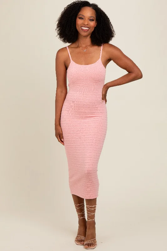 Pink Fitted Spaghetti Strap Midi Dress Stylish Pleated Skirt Midi Dress