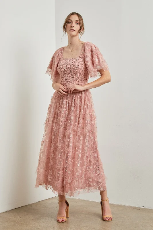 Pink Floral Embroidered Ruffle Tulle Midi Dress Cozy T-shirt Midi Dress