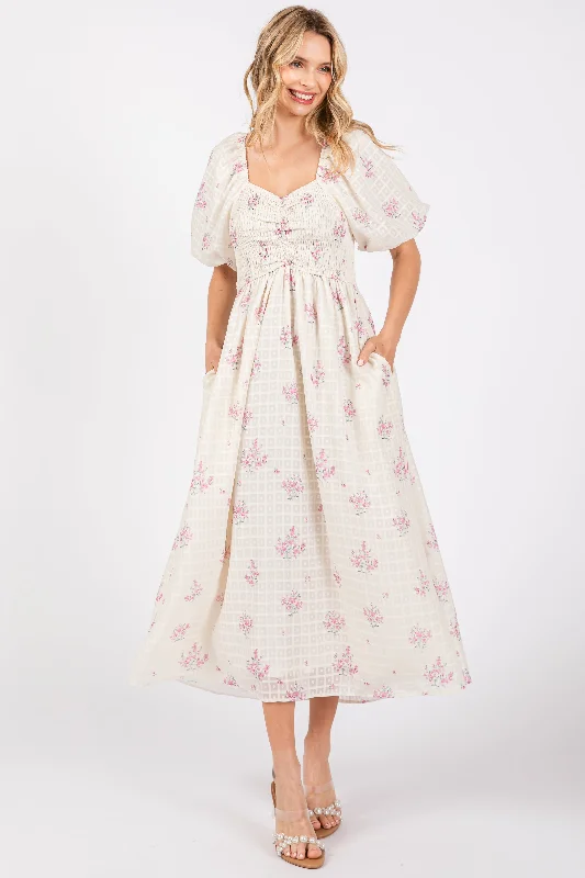 Pink Floral Textured Dot Smocked Sweetheart Neck Midi Dress Fashionable Off-Shoulder Dress Midi