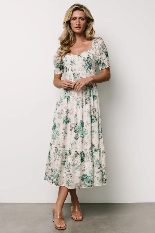 Piper Eyelet Midi Dress | Off White + Green Floral Stylish Long Sleeve Floral Midi Dress