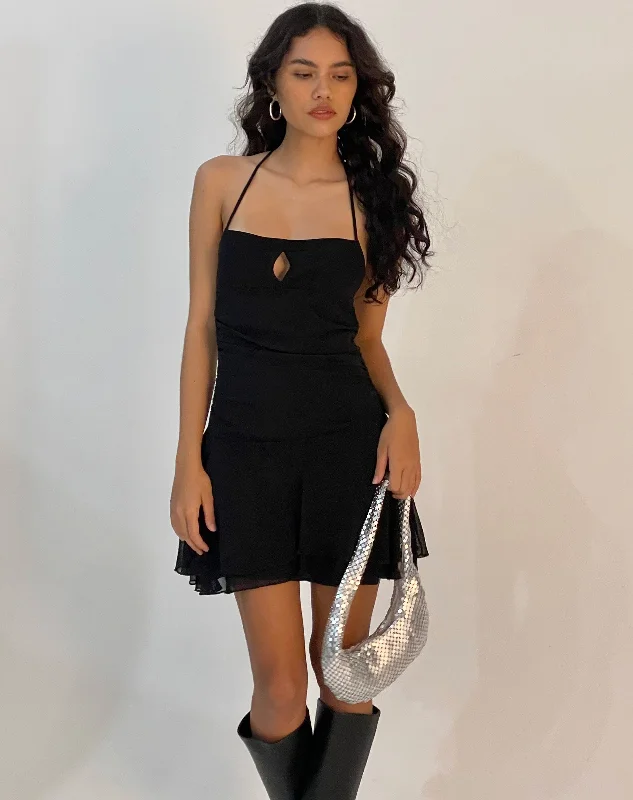 Pixila Halterneck Mini Dress in Black Mesh Elegant Velvet Mini Dress