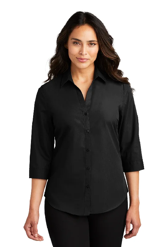 Port Authority Womens Carefree Stain Resistant 3/4 Sleeve Button Down Shirt - Deep Black Comfortable Loose Short Sleeve