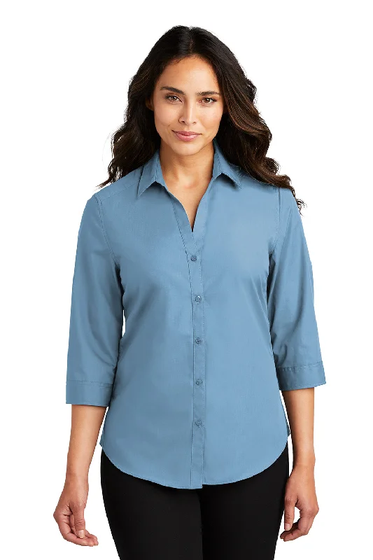 Port Authority Womens Carefree Stain Resistant 3/4 Sleeve Button Down Shirt - Carolina Blue Chic V-Neck Short Blouse