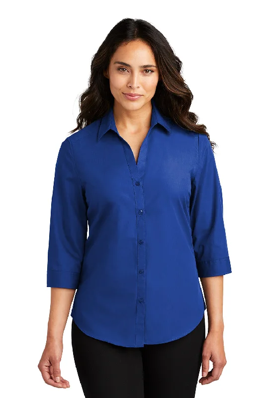 Port Authority Womens Carefree Stain Resistant 3/4 Sleeve Button Down Shirt - True Royal Blue Casual Slouchy Short Sleeve