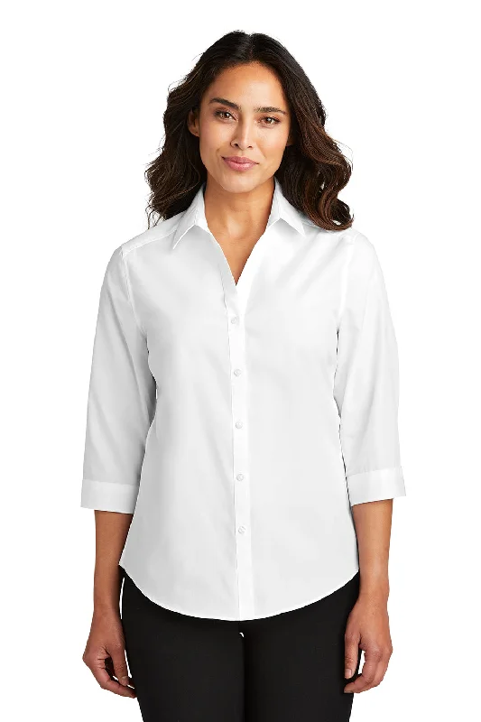 Port Authority Womens Carefree Stain Resistant 3/4 Sleeve Button Down Shirt - White Stylish Casual Short Tee