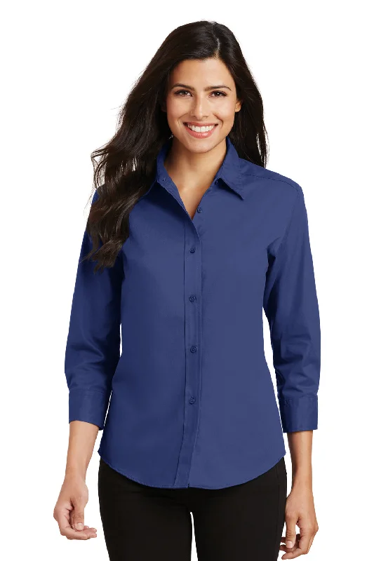 Port Authority Womens Easy Care Wrinkle Resistant 3/4 Sleeve Button Down Shirt - Mediterranean Blue Classic Button-Up Short Tee