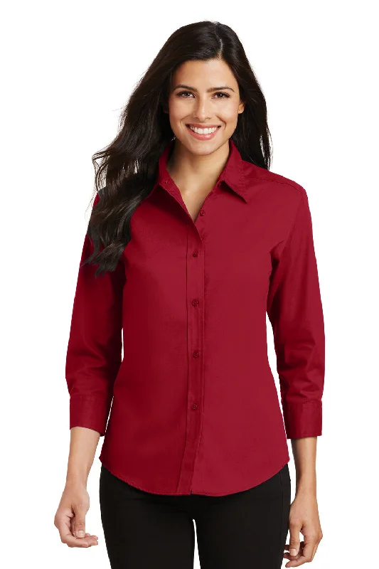 Port Authority Womens Easy Care Wrinkle Resistant 3/4 Sleeve Button Down Shirt - Red Stylish Striped Short Sleeve