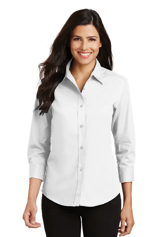 Port Authority Womens Easy Care Wrinkle Resistant 3/4 Sleeve Button Down Shirt - White Stylish Split-Hem Short Shirt