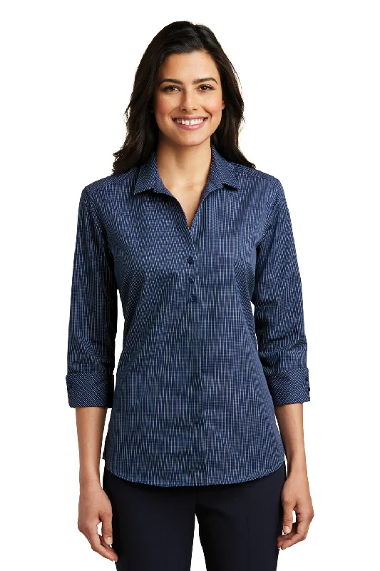 Port Authority Womens Easy Care Wrinkle Resistant 3/4 Sleeve Button Down Shirt - Navy Blue/Heritage Blue - Closeout Relaxed Fit Short Tunic