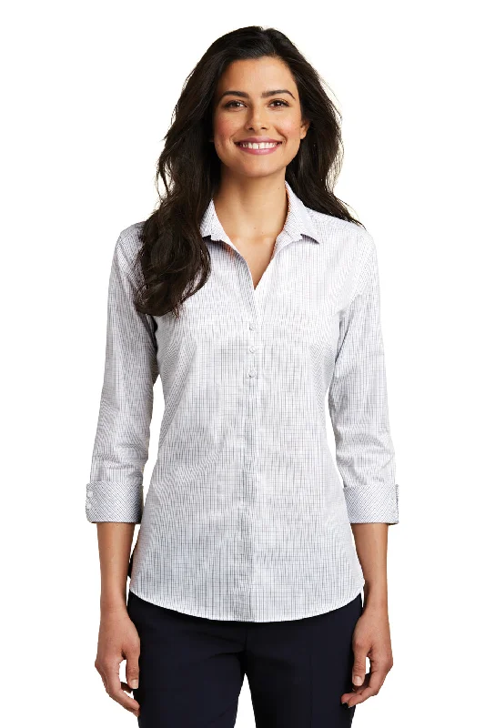 Port Authority Womens Easy Care Wrinkle Resistant 3/4 Sleeve Button Down Shirt - White/Dark Grey - Closeout Cozy Striped Short Sleeve