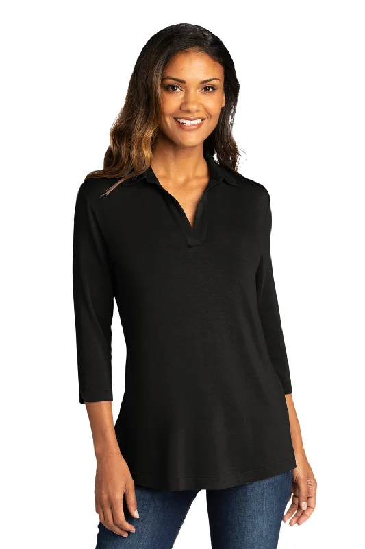 Port Authority Womens Luxe Knit 3/4 Sleeve Polo Shirt - Deep Black Cozy Cotton Short Tee