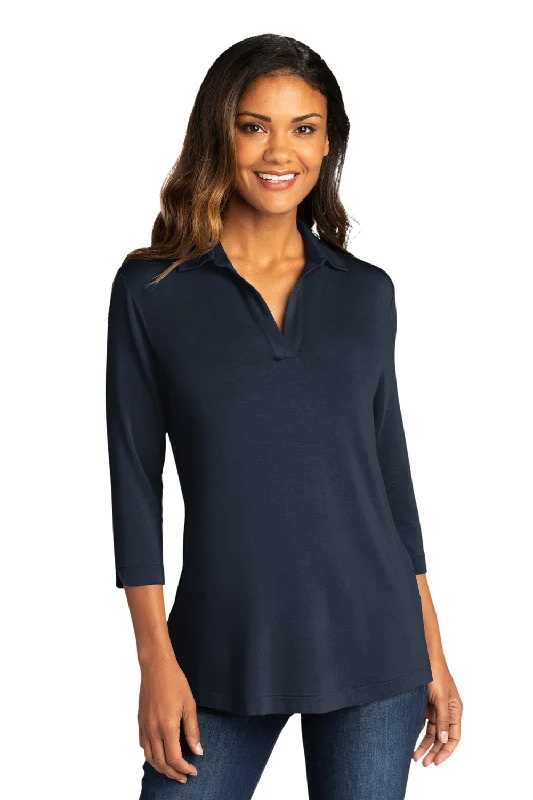 Port Authority Womens Luxe Knit 3/4 Sleeve Polo Shirt - River Navy Blue Elegant Draped Short Sleeve