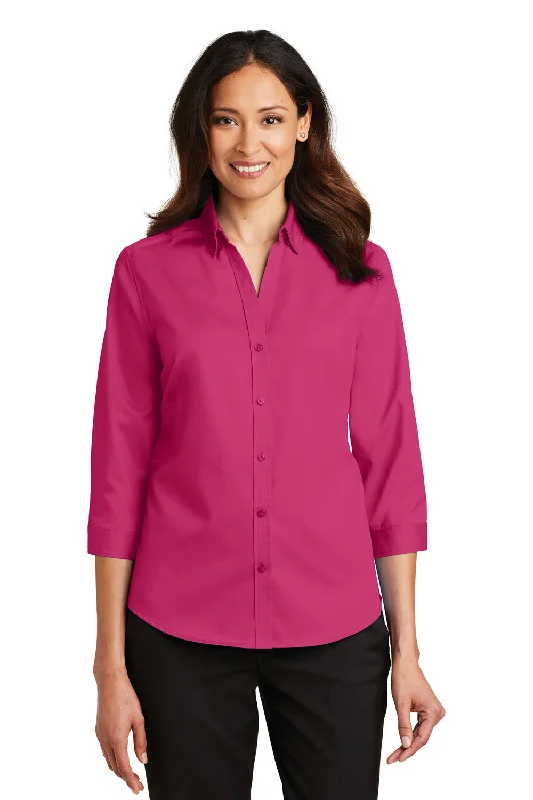 Port Authority Womens SuperPro Wrinkle Resistant 3/4 Sleeve Button Down Shirt - Azalea Pink - Closeout Soft Silk Short Sleeve