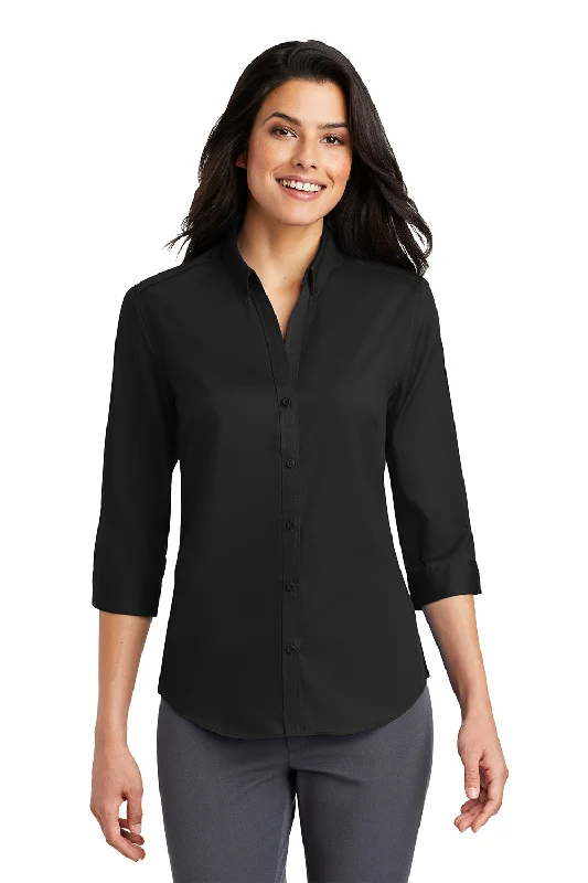 Port Authority Womens SuperPro Wrinkle Resistant 3/4 Sleeve Button Down Shirt - Black Trendy Short Sleeve Blouse