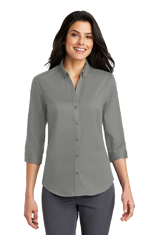 Port Authority Womens SuperPro Wrinkle Resistant 3/4 Sleeve Button Down Shirt - Monument Grey Comfortable Short Sleeve Tunic