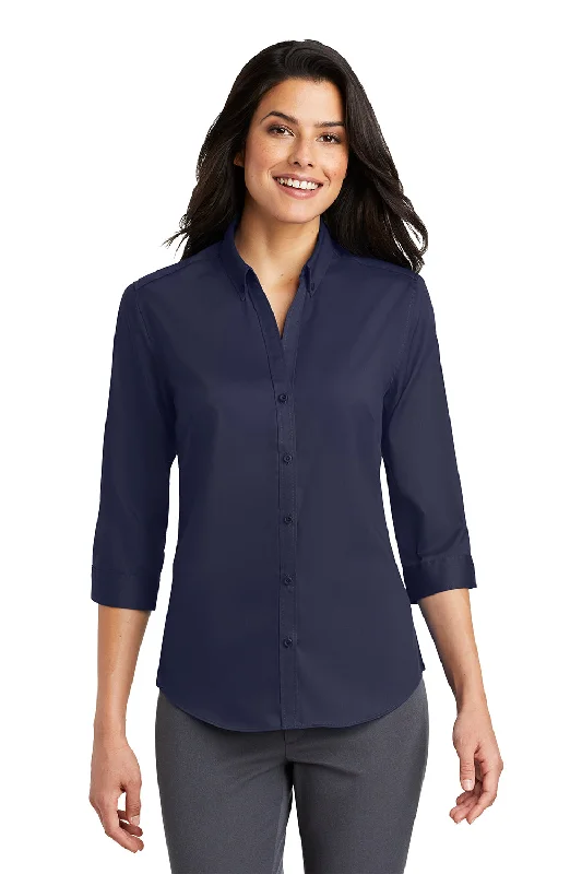 Port Authority Womens SuperPro Wrinkle Resistant 3/4 Sleeve Button Down Shirt - True Navy Blue Casual Slouchy Short Sleeve