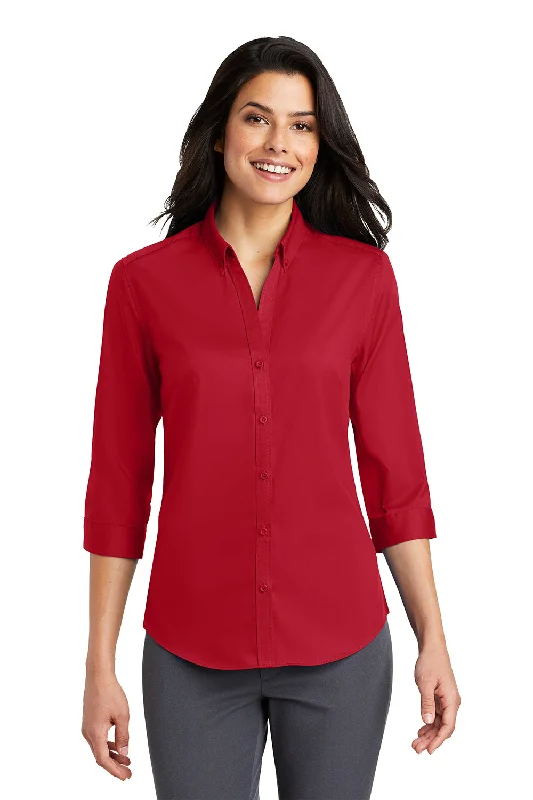 Port Authority Womens SuperPro Wrinkle Resistant 3/4 Sleeve Button Down Shirt - Rich Red Chic Silk Short Sleeve Shirt