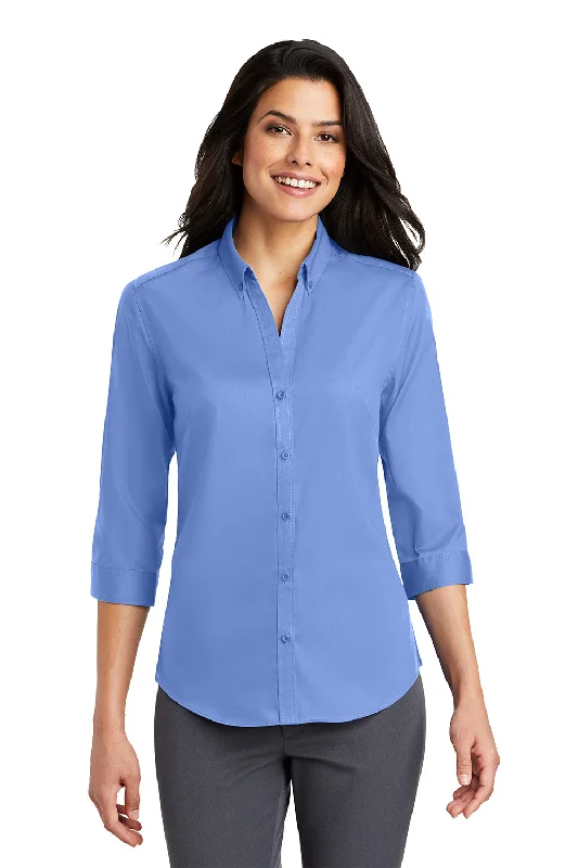 Port Authority Womens SuperPro Wrinkle Resistant 3/4 Sleeve Button Down Shirt - Ultramarine Blue Comfortable Graphic Short Sleeve