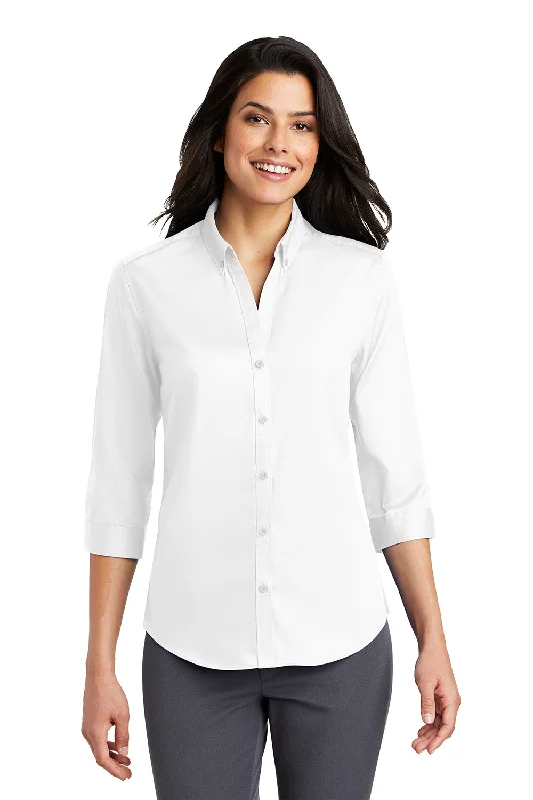 Port Authority Womens SuperPro Wrinkle Resistant 3/4 Sleeve Button Down Shirt - White Relaxed Fit Short Blouse