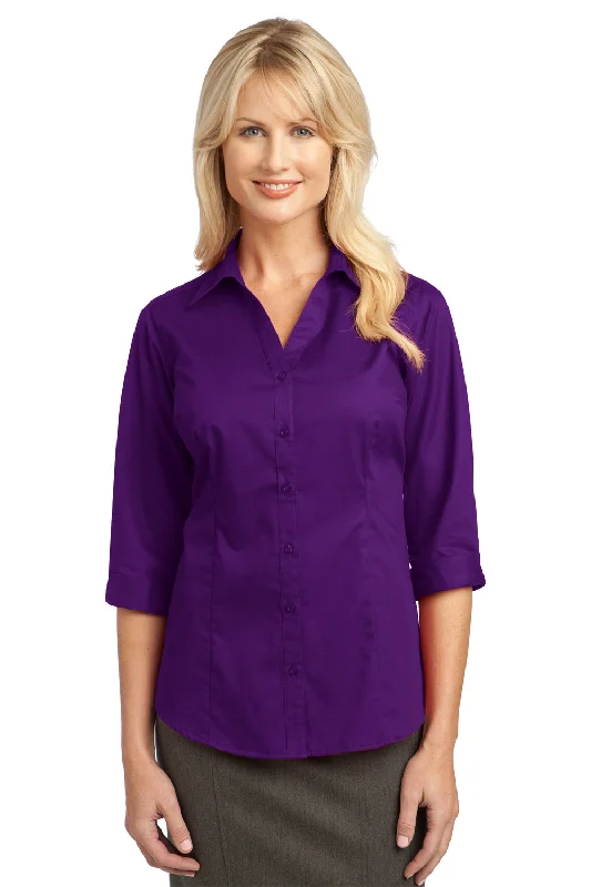 Port Authority Womens Wrinkle Resistant 3/4 Sleeve Button Down Shirt - Deep Purple - Closeout Classic V-Neck Short Shirt