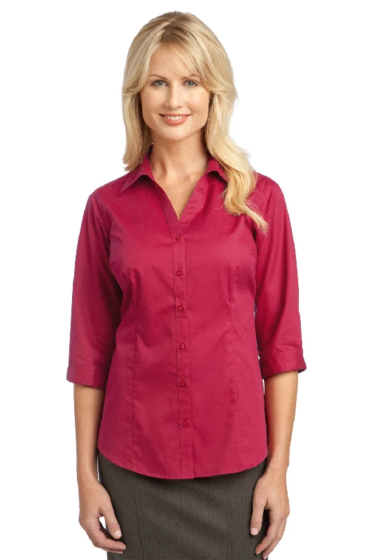 Port Authority Womens Wrinkle Resistant 3/4 Sleeve Button Down Shirt - Raspberry Pink - Closeout Classic Short Sleeve Tunic